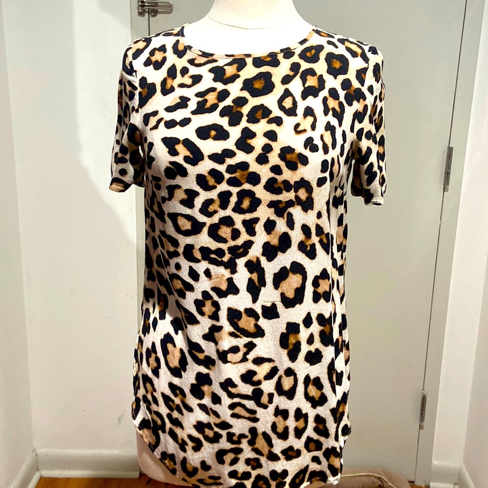 H&M leopard ss blouse, size S. Very comfortable, slimming and long